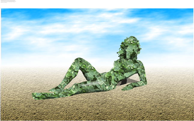 This graphic took around 20 minutes to create. A line was drawn using the freehand tool around a photograph of a girl on a beach, to create a single shape. This was filled with the ivy leaf texture from the CD. The few white reflective hightlights and dark shadows were done with transparency.  The Sky is a fractal texture. The ground is another CD supplied texture. Both fade to white using transparency.